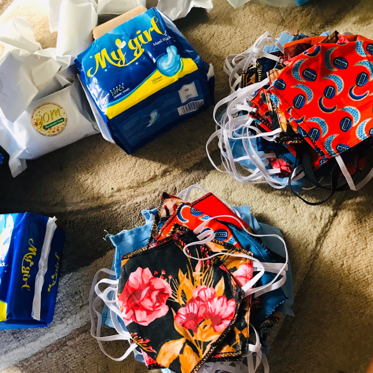Face masks, pads, and liners received during the Covid-19 aid drive.